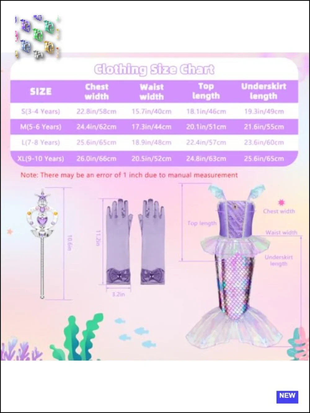 Mermaid Princess Dress Up Costume for Girls 3-10 with Accessories, Polyester